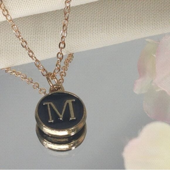 Pendant Necklace Alphabet M Gold & Black Initial Coin Pendant Necklace - Picture 2 of 8